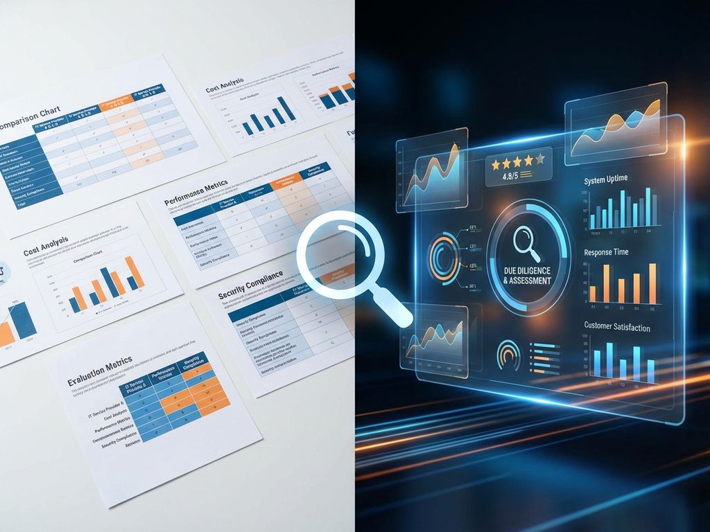 Vergrootglas onderzoekt IT-service vergelijkingstabellen naast 3D dashboard met prestatiemetrics en sterbeoordelingen