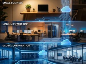 Drie kantooromgevingen verbonden door blauwe digitale paden: startup werkplek, middelgrote kantoor en groot bedrijf