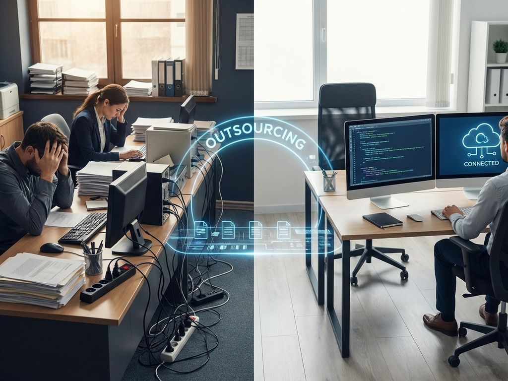 Split-screen office comparison: cluttered workspace with overwhelmed workers transforms into organized modern office through IT outsourcing.