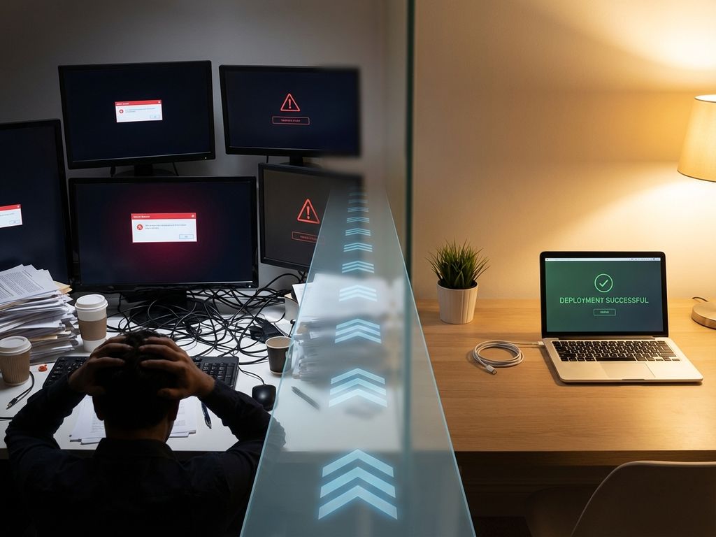 Split-screen showing cluttered desk with error messages on left transitioning to organized workspace with laptop on right.