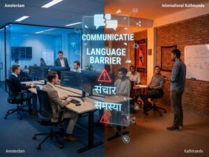 Split-screen vergelijking van Nederlandse en internationale IT-werkruimtes gescheiden door digitale taalbarrière