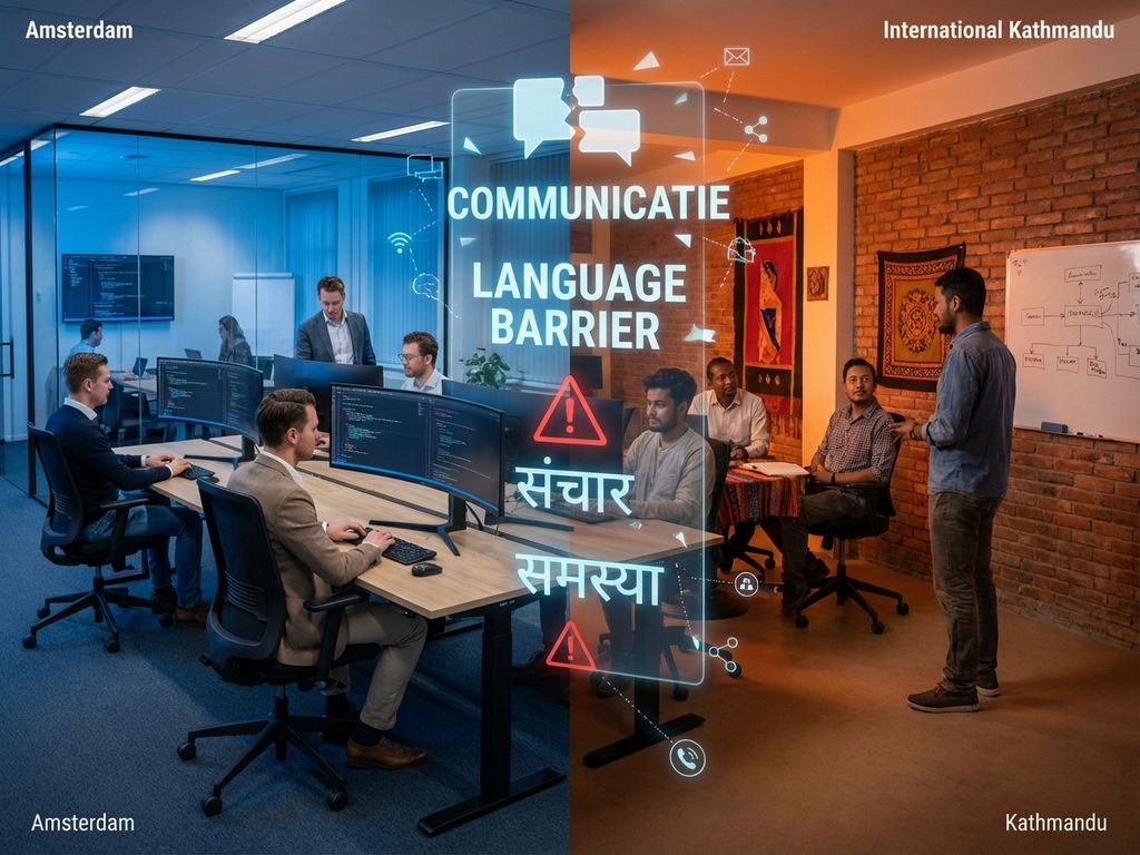 Split-screen vergelijking van Nederlandse en internationale IT-werkruimtes gescheiden door digitale taalbarrière