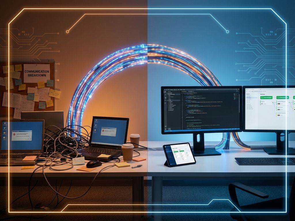 Split-screen vergelijking van chaotische versus georganiseerde IT-werkruimte verbonden door glasvezelkabelbrug