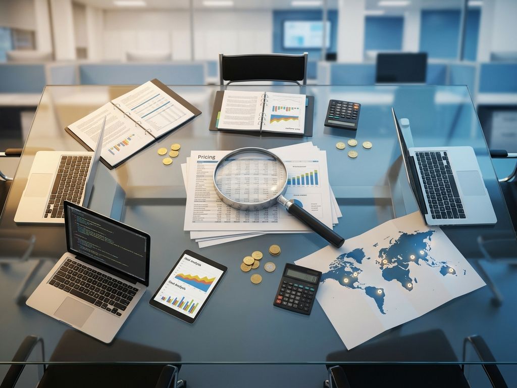 Magnifying glass examining IT outsourcing cost analysis documents on conference table with calculators, tablets, and global map