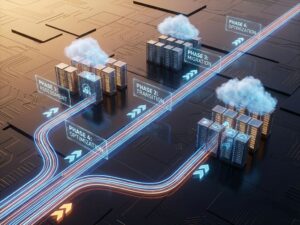 Luchtfoto van digitale paden met gloeiende datastromen tussen servertorens, met pijlen die IT-outsourcing processen tonen