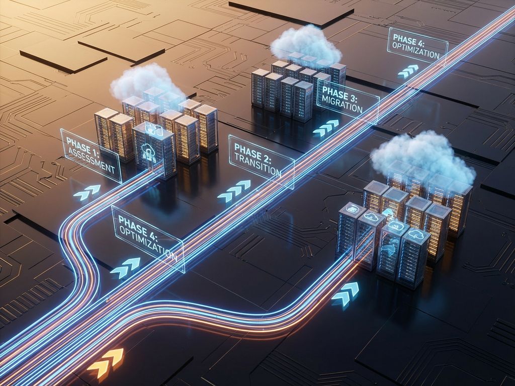 Luchtfoto van digitale paden met gloeiende datastromen tussen servertorens, met pijlen die IT-outsourcing processen tonen