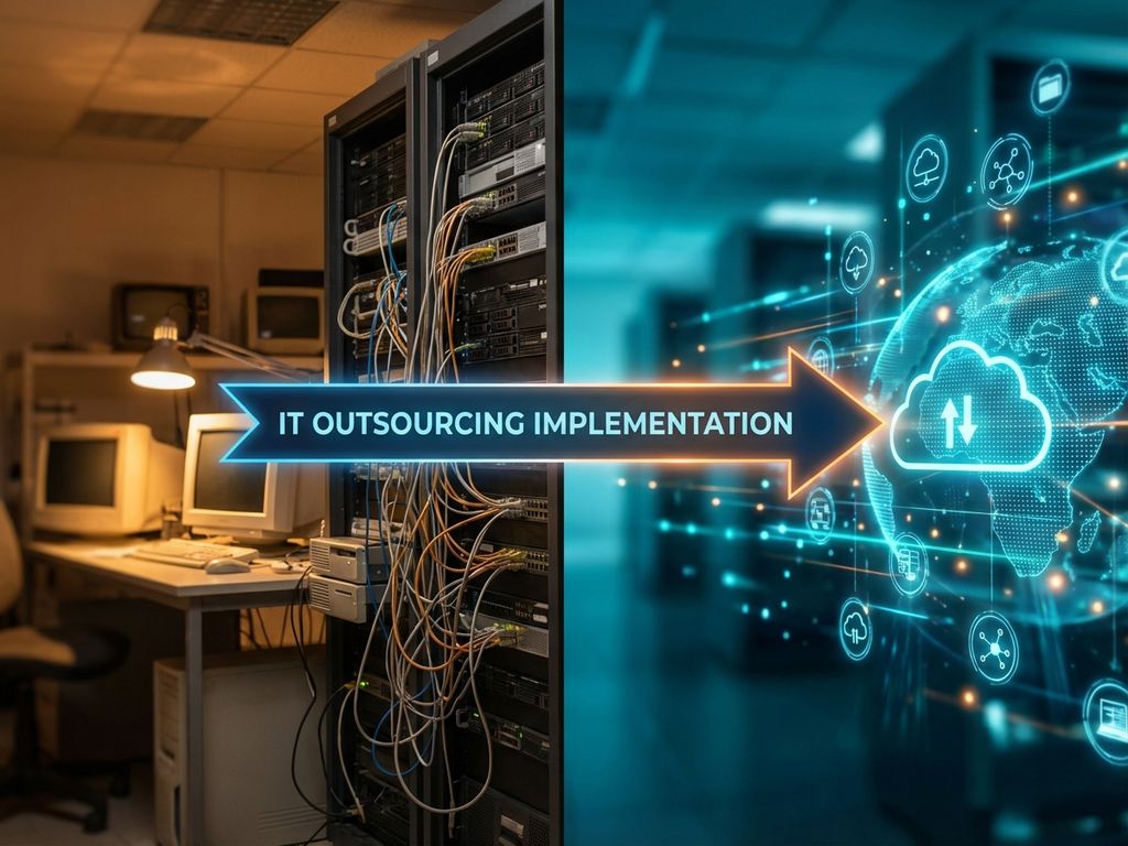 Split-screen kantoor met traditionele servers links overgaand naar moderne cloud computing rechts via tijdlijn pijl