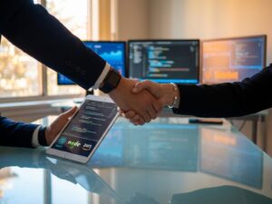 Twee handen schudden elkaar boven glazen vergadertafel, tablet toont code, monitors met programmeerinterfaces op achtergrond
