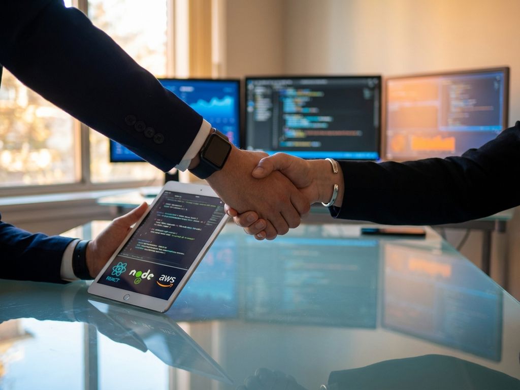 Twee handen schudden elkaar boven glazen vergadertafel, tablet toont code, monitors met programmeerinterfaces op achtergrond