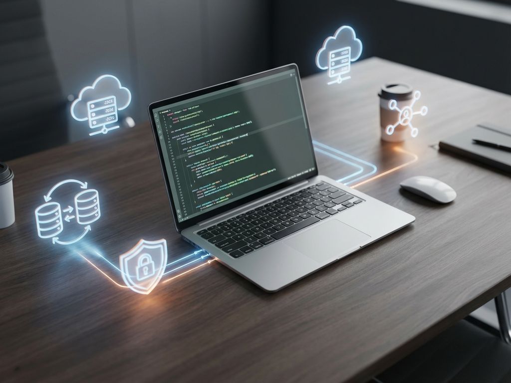 Moderne laptop met code omringd door zwevende holografische IT-iconen zoals cloud servers, databases en beveiligingsschilden