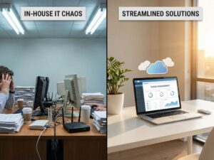 Gesplitst kantoorbeeld: rommelig bureau met kabels en papieren links, opgeruimde werkplek met laptop en cloud-iconen rechts