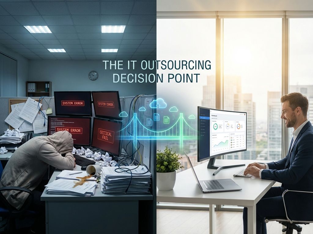 Gesplitst kantoorbeeld toont rommelige werkplek links versus georganiseerde moderne kantooromgeving rechts, verbonden door digitale brug