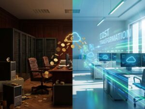 Gesplitst beeld van dure traditionele kantoorapparatuur links versus moderne cloudoplossingen rechts met geldstroom