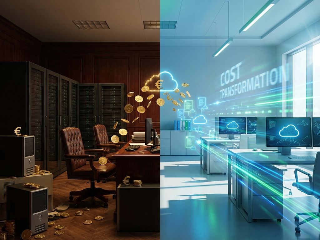 Gesplitst beeld van dure traditionele kantoorapparatuur links versus moderne cloudoplossingen rechts met geldstroom