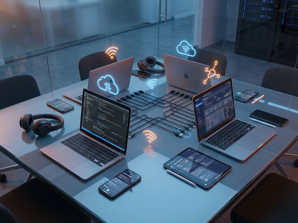 Modern conference table with laptops displaying code, tablets, smartphones, and holographic cloud icons in blue-orange lighting.