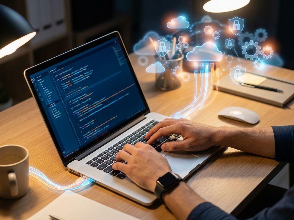 Moderne bureaulaptop met code op scherm, verbonden met zwevende holografische cloud- en beveiligingsiconen via digitale kabels