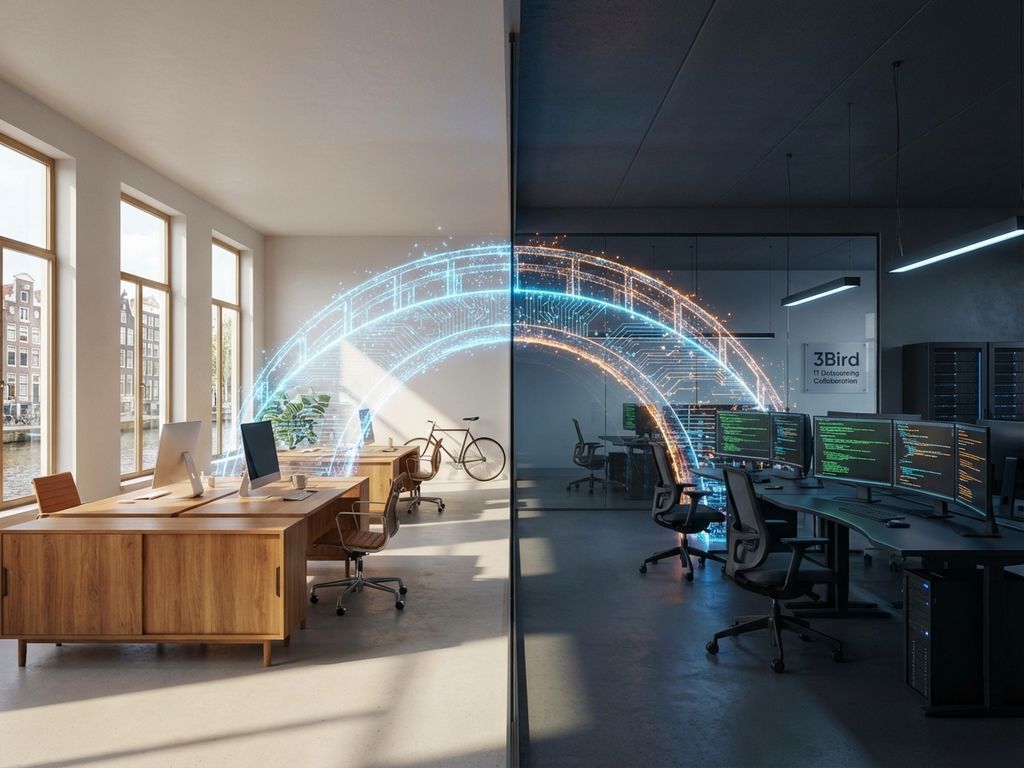 Modern kantoor met Nederlandse architectuur verbonden aan tech ontwikkelcentrum via digitale databrug voor IT outsourcing