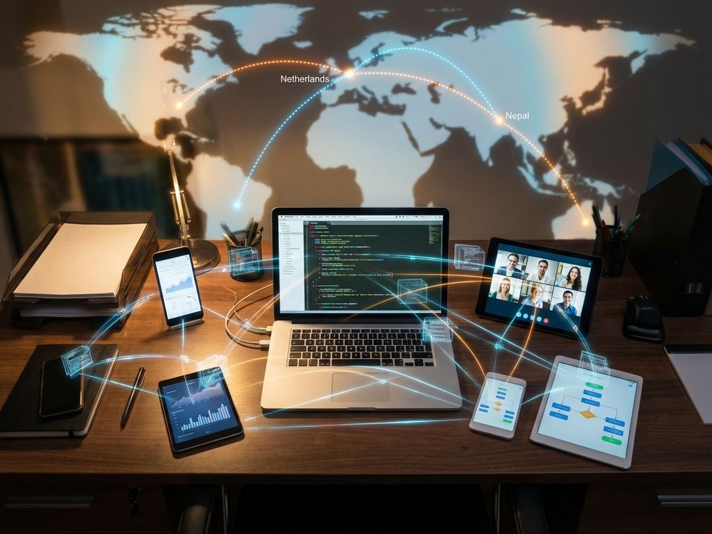 Modern office desk with laptop displaying code, surrounded by smartphones and tablets with holographic network connections linking devices globally.