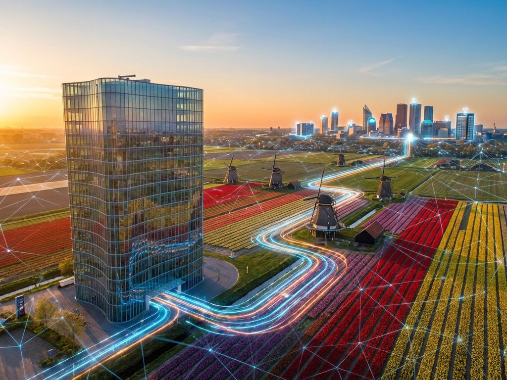 Modern glass office building with glowing fiber optic networks connecting Dutch windmills and tulip fields at golden hour.