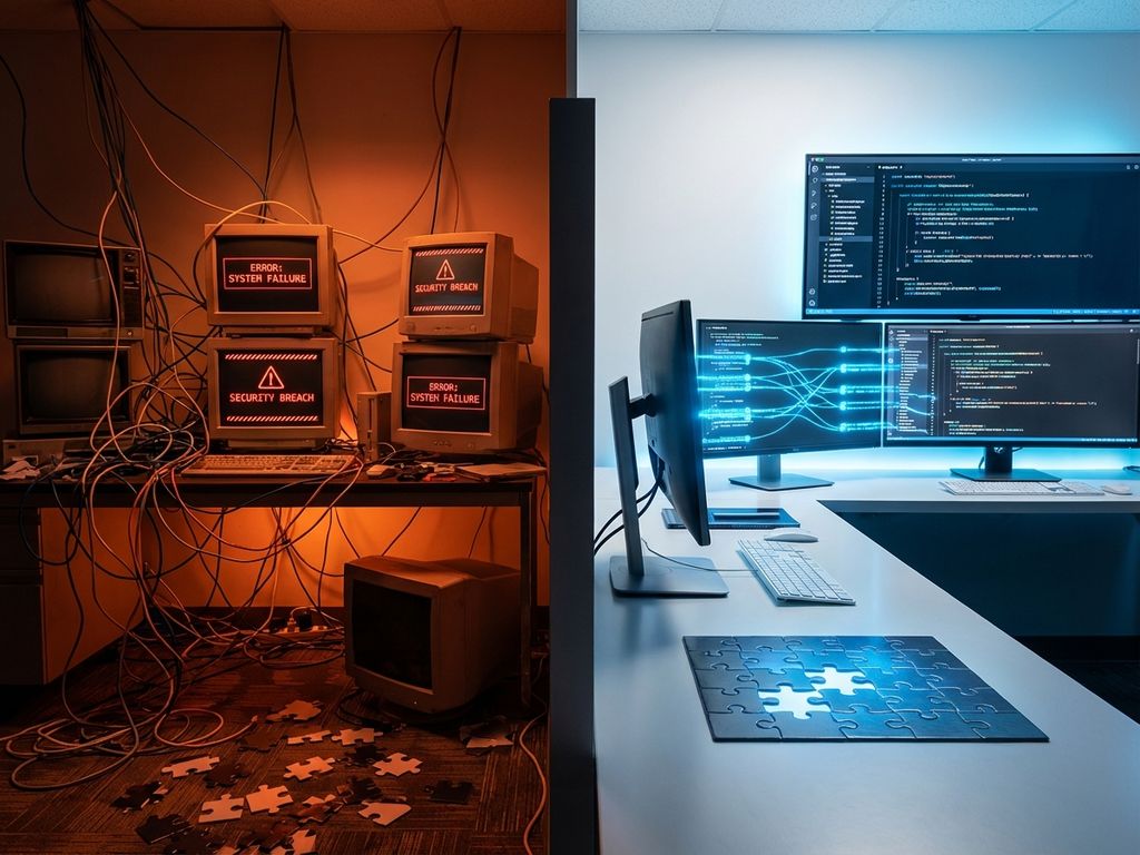 Split-screen comparison: chaotic IT workspace with tangled cables and errors versus organized workspace with clean code and connected systems.