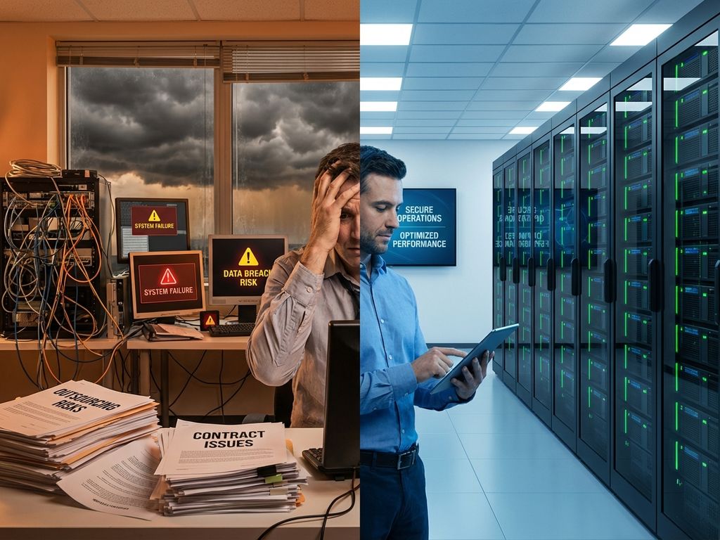 Split-screen vergelijking van chaotische IT-omgeving met verwarde kabels versus georganiseerd datacenter met groene statuslichten