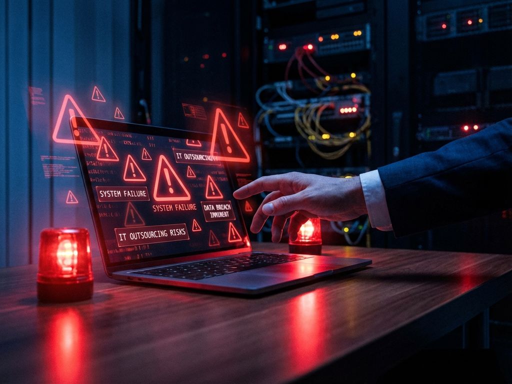 Zakenman reikt naar laptop met rode waarschuwingssymbolen en gevaarssignalen in donkere IT-omgeving