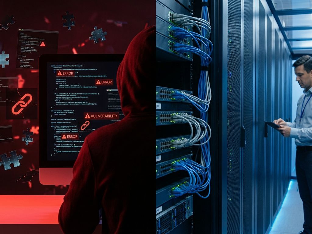 Split-screen comparison of IT outsourcing: left shows fragmented code with red warning symbols, right displays secure organized server room with blue lighting.