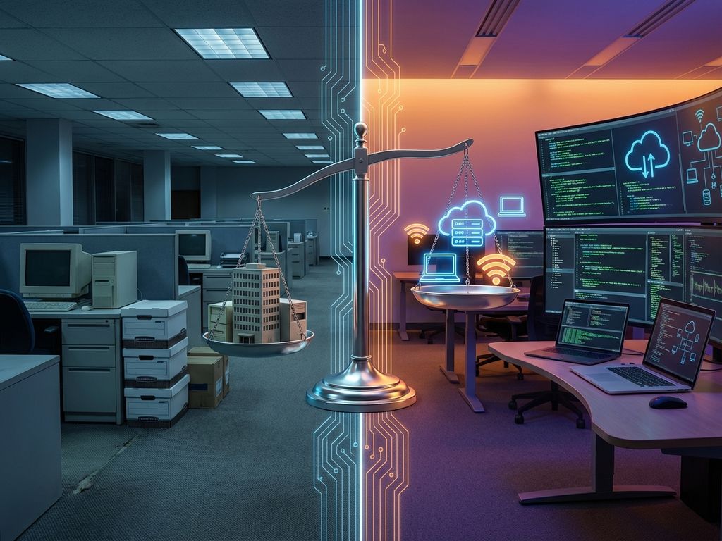 Balance scale weighing traditional office building against modern digital IT elements, contrasting old corporate workspace with vibrant cloud technology solutions.