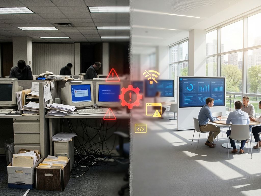Split-screen office comparison: cluttered chaotic workspace with tangled cables on left, organized modern IT environment on right.
