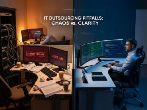 Split-screen vergelijking van chaotische IT-werkplek met kabels en foutmeldingen versus georganiseerde moderne workspace
