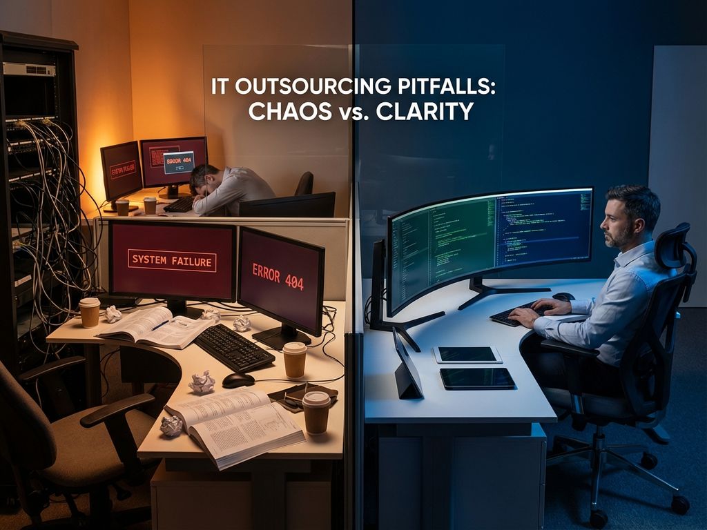 Split-screen vergelijking van chaotische IT-werkplek met kabels en foutmeldingen versus georganiseerde moderne workspace