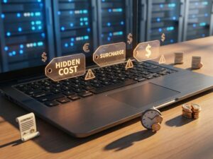 Laptop toetsenbord met zwevende digitale prijslabels en verborgen kostenSymbolen, serverracks op achtergrond