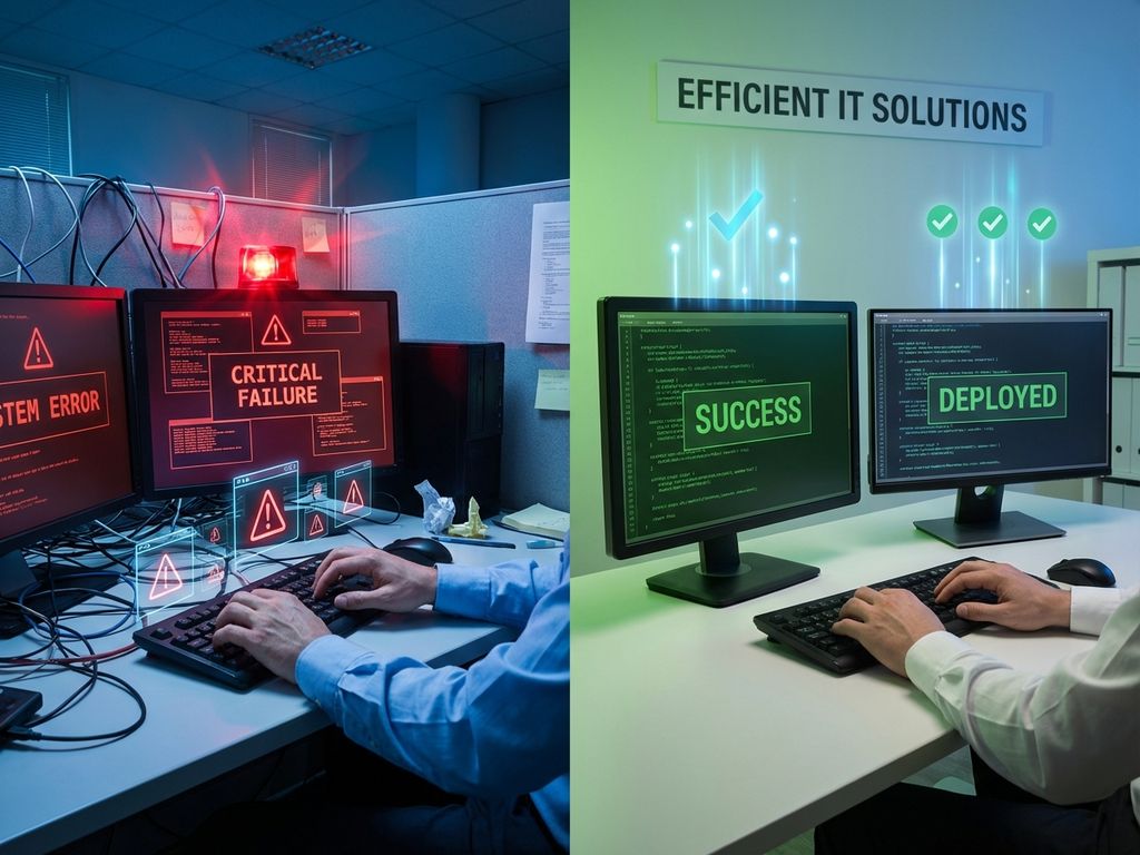 Split-screen vergelijking van chaotische versus georganiseerde IT-outsourcing werkruimtes met contrasterende kleuren