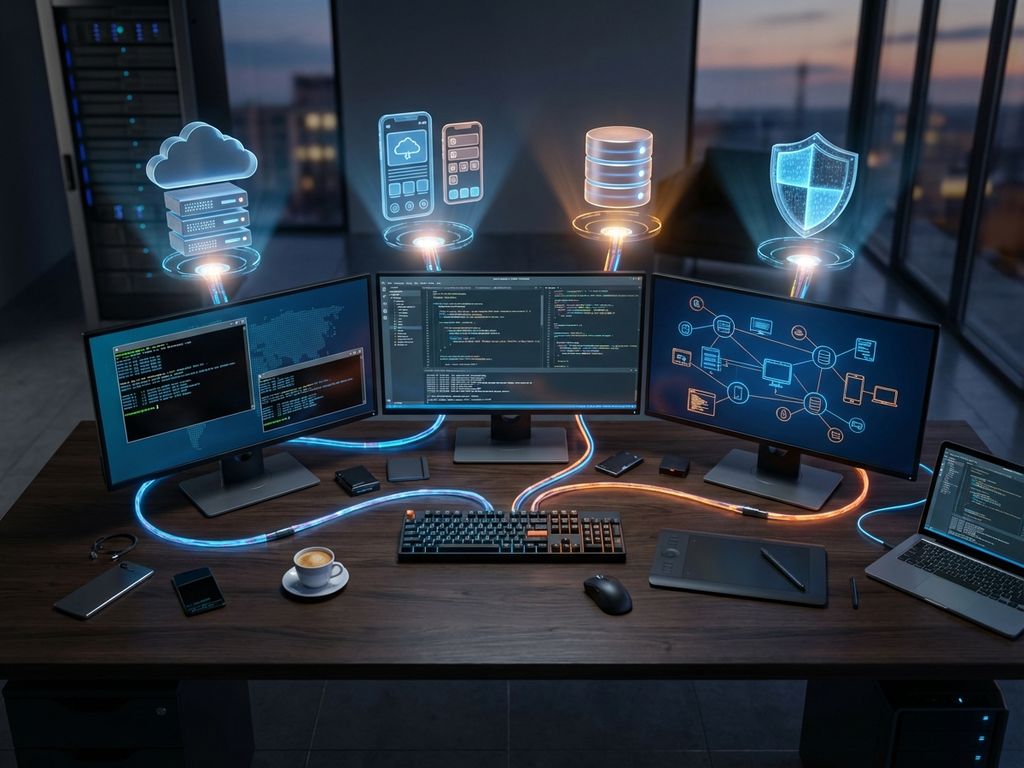 Modern office desk with glowing computer screens showing code, surrounded by floating 3D IT service icons and fiber optic cables.