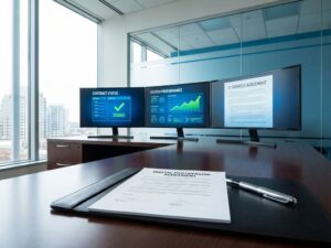 Moderne kantoorwerkplek met contractdocument, pen en computermonitoren met prestatie-dashboards en grafieken
