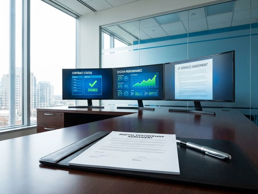 Moderne kantoorwerkplek met contractdocument, pen en computermonitoren met prestatie-dashboards en grafieken