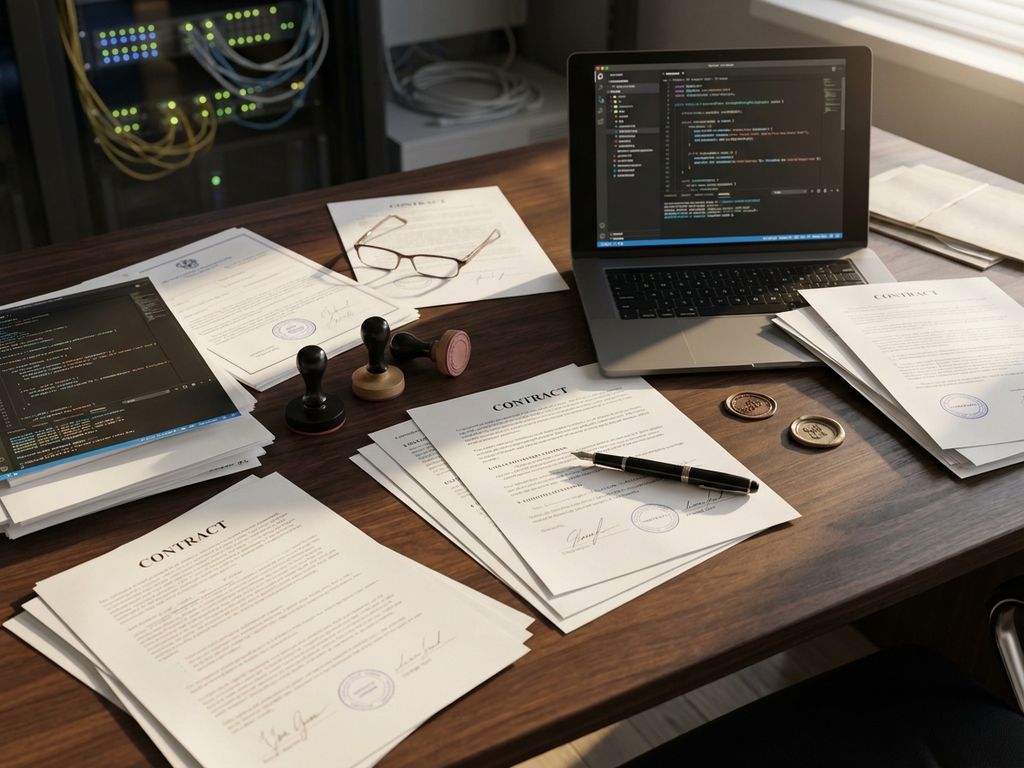 Bovenaanzicht van moderne kantoorbureau met juridische documenten, laptop met code en professionele stempel op donker hout