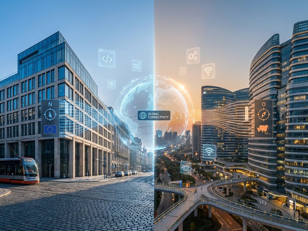 Split-screen showing modern European office building and Asian tech hub connected by digital world map with glowing data streams.