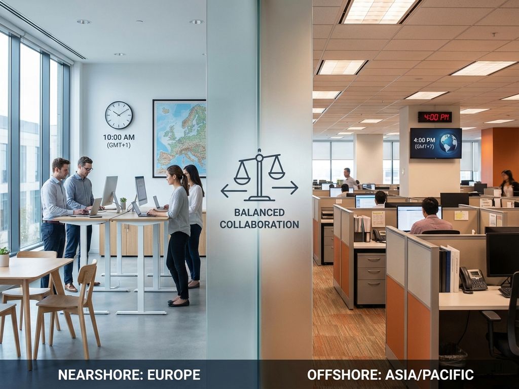 Vergelijking van nearshore versus offshore outsourcing kantoren met Europese en verre locaties gescheiden door weegschaal