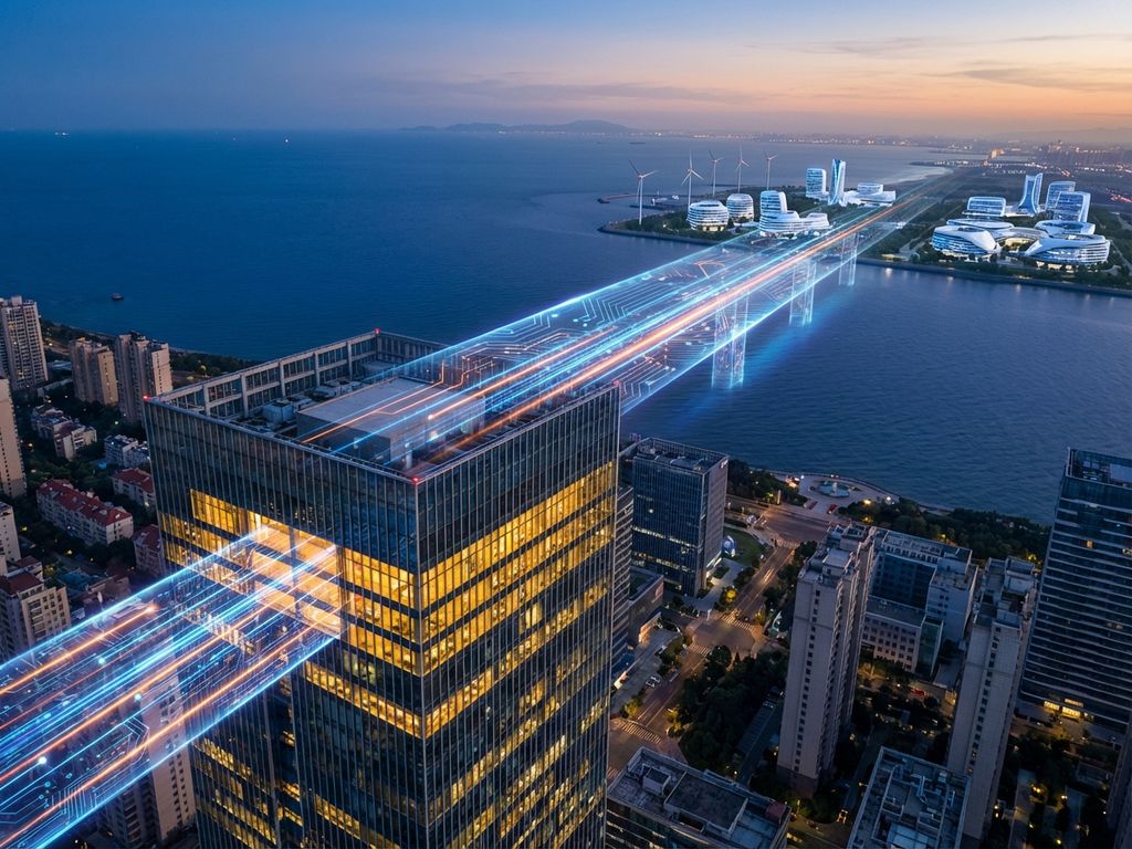 Luchtfoto van glazen kantoorgebouw verbonden met digitale brug naar kustlandschap, symboliseert nearshore outsourcing