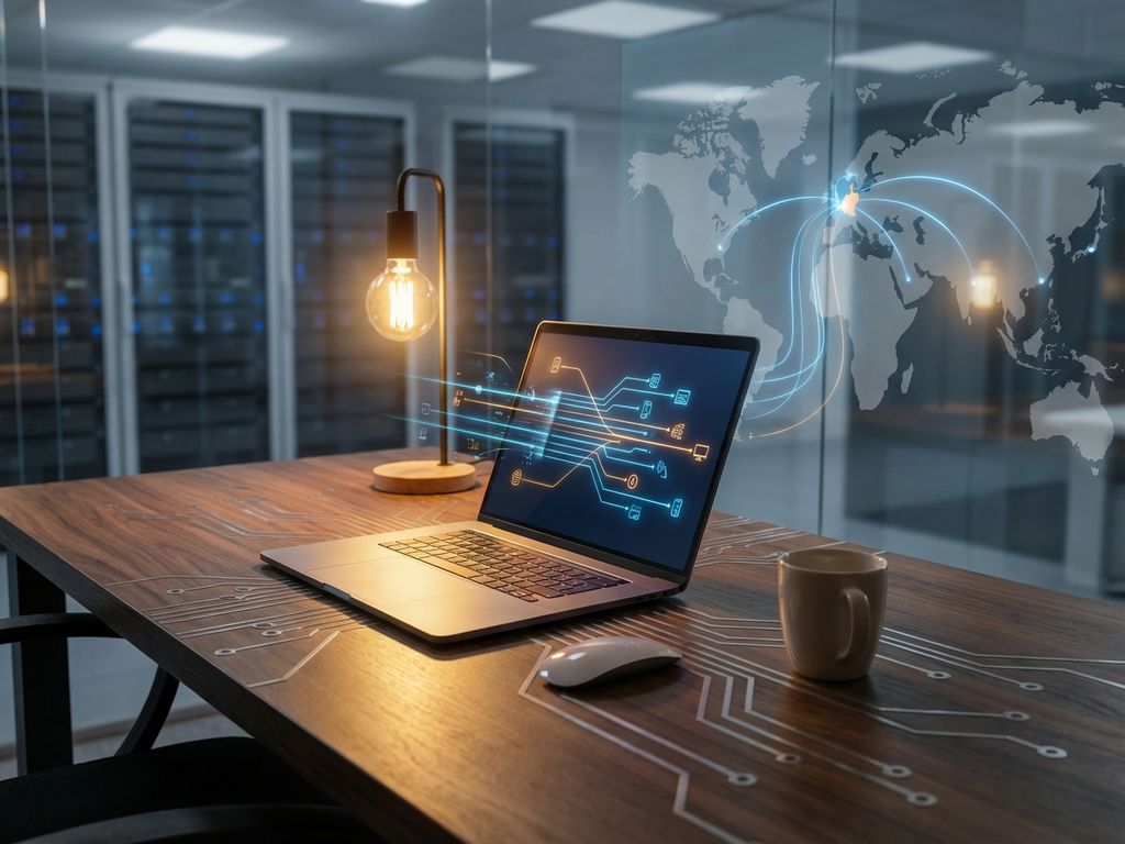 Moderne kantoordesk met laptop die netwerkverbindingen toont naar servers, wereldkaart met Nederland connecties op achtergrond