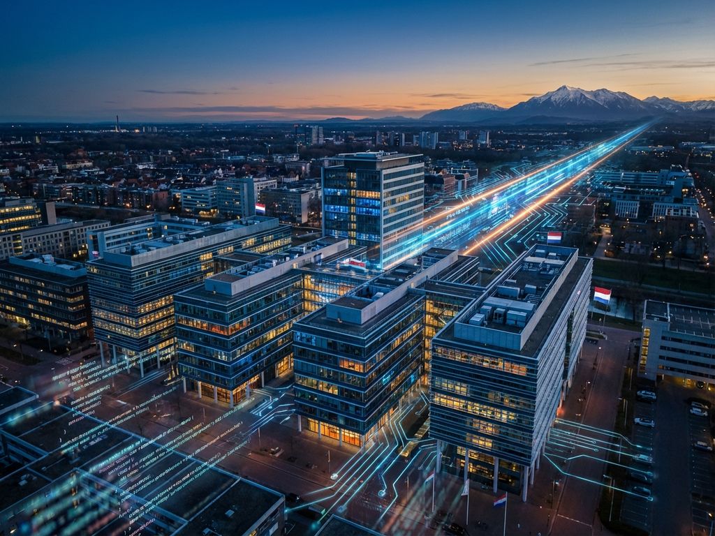 Luchtfoto van moderne Nederlandse kantoorgebouwen verbonden met digitale paden naar berglandschap, met holografische code