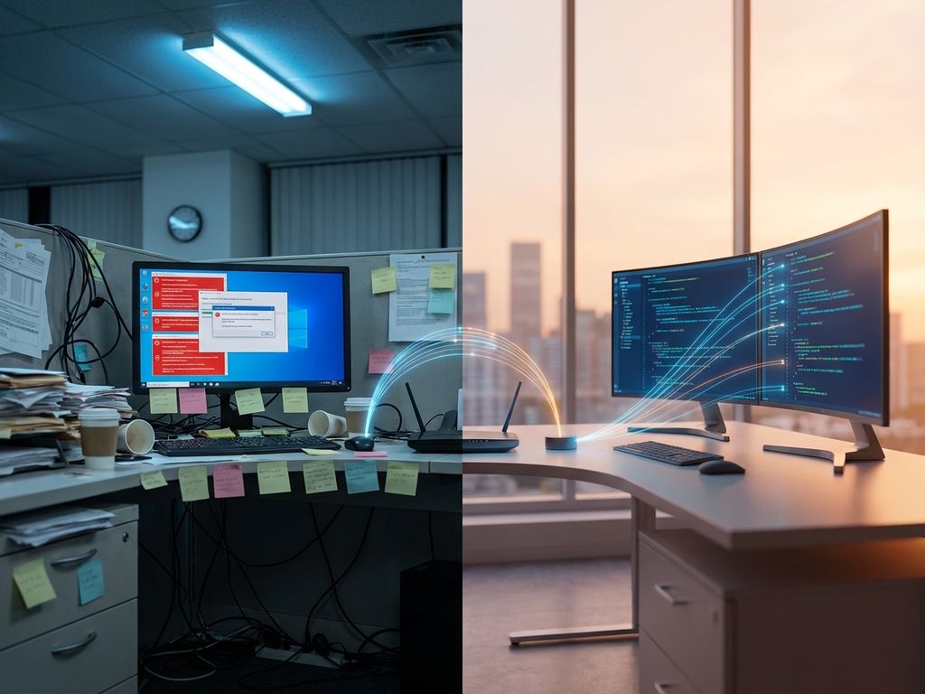 Split-screen office comparison: cluttered workspace with error screens on left, organized modern office with clean code on right