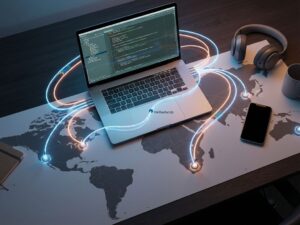 Moderne werkplek met laptop en gloeiende glasvezelkabels die Nederland verbinden met wereldkaart, IT-samenwerking concept