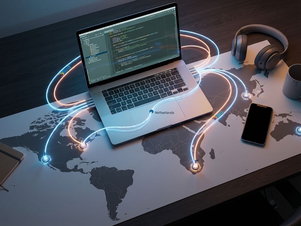 Moderne werkplek met laptop en gloeiende glasvezelkabels die Nederland verbinden met wereldkaart, IT-samenwerking concept