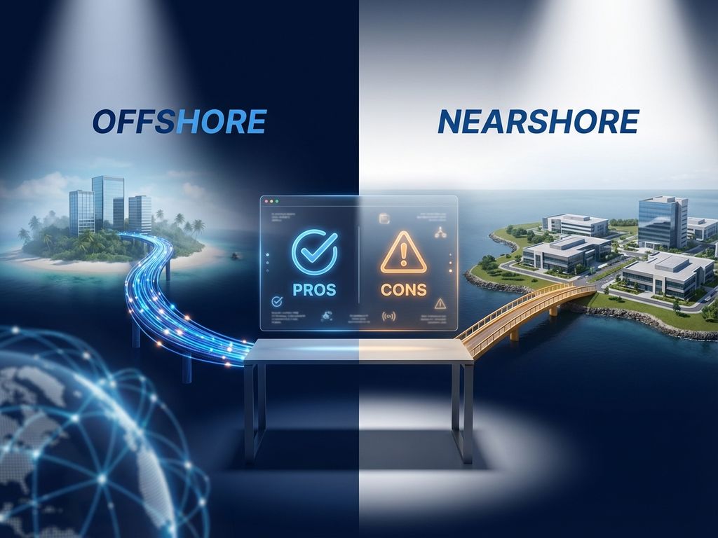 Split-screen comparison of offshore vs nearshore outsourcing showing distant island and nearby country connected by digital bridges with floating pros and cons symbols