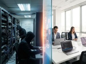 Split-screen office comparison: chaotic in-house IT setup with tangled cables versus organized modern workspace with clean technology and natural lighting.
