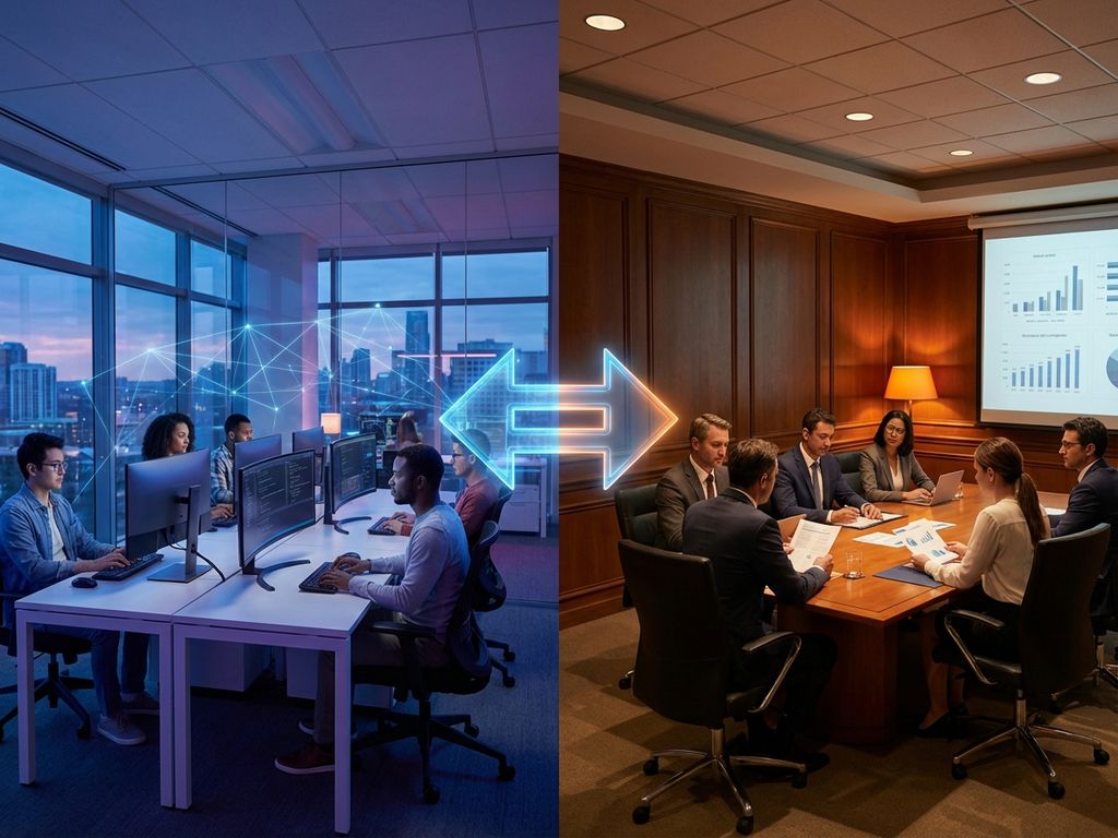 Gesplitst scherm toont moderne tech-ontwikkelaars links versus traditioneel kantoorteam rechts met verbindingspijl