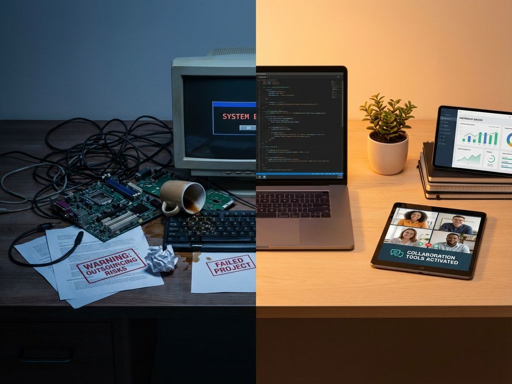 Split-screen comparison: chaotic desk with tangled cables and broken parts versus organized workspace with laptops and code displays.