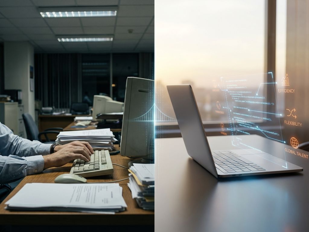 Split-screen showing traditional cluttered office workspace transitioning to modern digital workspace with holographic code elements